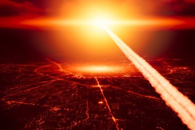 Gökyüzü Dünya Savaşı illüstrasyon kavramı üzerinde atom bombası nükleer bomba yüksek irtifa nükleer patlama füze tarafından patlayıcı imha şehir.