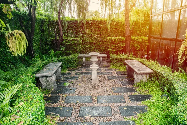 庭に石のベンチで緑豊かな公園空間 — ストック写真