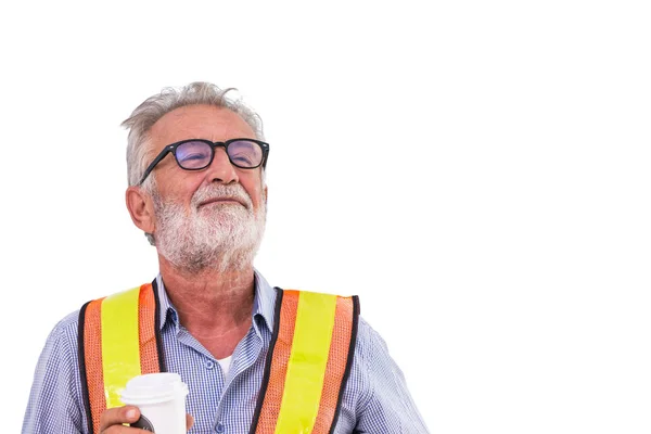 Anciano Viejo Ingeniero Trabajador Sonrisa Sosteniendo Taza Café Aislado Sobre — Foto de Stock