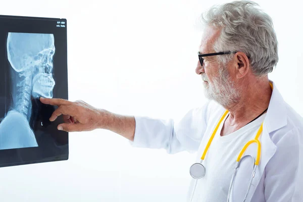 Senior Doctor Looking Patient Head Chin Neck Bone Film Ray — Stock Photo, Image