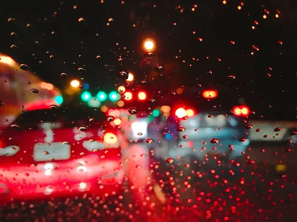 Chuva Noite Engarrafamento Bangkok Borrão Sonolento Visão Motorista Doze — Fotografia de Stock