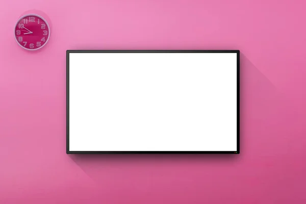 Lcd Fernseher Rosa Wandzimmer Mit Der Wand Mit Hängeuhr — Stockfoto