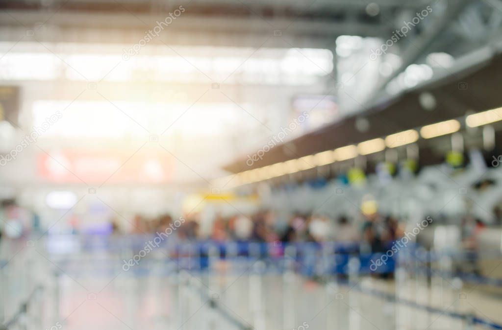 Blur airport check in counter traveller tourist queue row for background