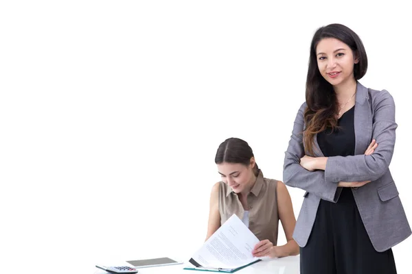 business woman boss with employee working isolated on white background