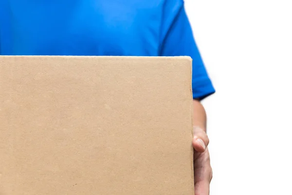 Postacı Kolu Eşya Kutusu Paketi Beyaz Zemin Üzerine Nakliye — Stok fotoğraf