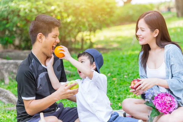 Азиатская Семья Подростков Счастливый Праздник Пикник Парке — стоковое фото