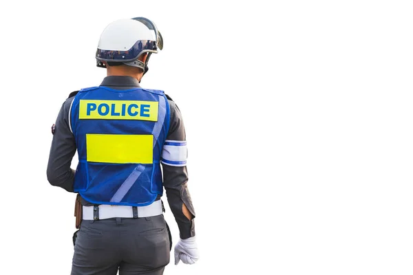 ハード帽子と通りの警察官の背面を白で隔離 — ストック写真