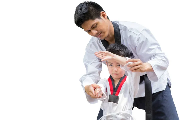 Teacher Black Belt Taekwondo Fighter Kid Punch Guard Stand Flight — Stock Photo, Image
