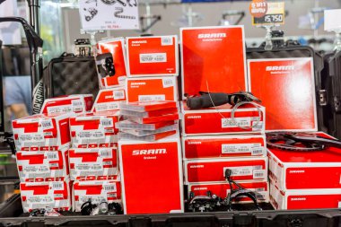 Sram Amerikan Bisiklet Bisiklet Dişli set Sram kırmızı groupset promosyon satışında Uluslararası Bangkok Bisiklet 2018 expo ile Chicago'da bağlı bileşeni. Bangkok, Tayland 6 Mayıs 2018.