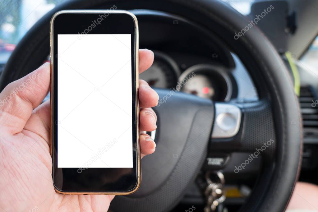 hand hold smartphone blank screen while driving car smart vehicle device concept