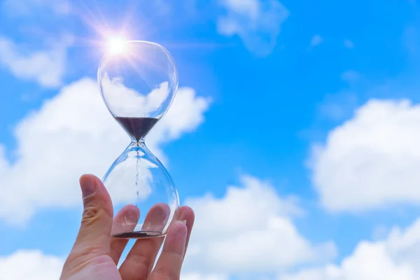Hourglass Sand Timer Clock Time Hand Holding Blue Sky Cloud — Stock Photo, Image