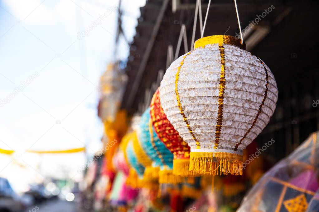 Colorful paper lantern for decoration in Loy Kratong or Loi Kra Tong full moon event in Thailand.