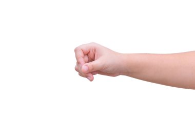 Kız şişman elini tut beyaz arka plan üzerinde izole malzeme çekme kepçe kalem parmak