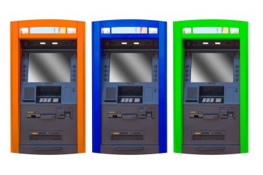Otomatik vezne makinesi (Atm) yüz beyaz arka plan üzerinde izole bedende izole.