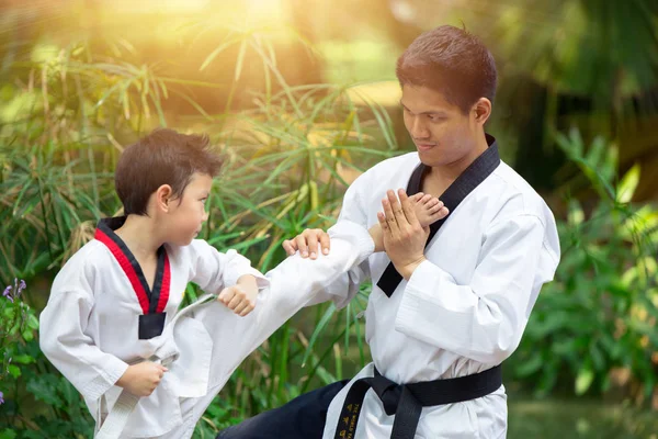 Ragazzo Papà Godono Sano Sport Taekwondo Insieme All Aperto Treno — Foto Stock