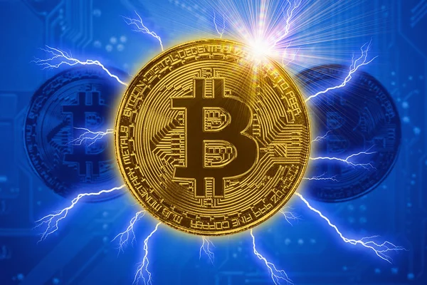 Bitcoin Con Efecto Chispa Fuego Color Azul Dorado — Foto de Stock