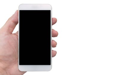 beyaz arka plan üzerinde akıllı telefon ile erkek el.