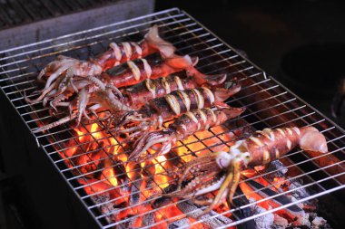 Sıcak kömür sıcak ateş lezzetli lezzetli deniz ürünleri üzerinde Kalamar Barbekü ızgara