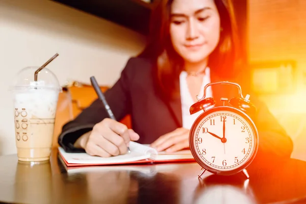 Asian Business Girl Working Hours Cafe Time Clock Coffee Happy — Stock Photo, Image