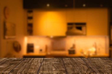 ekran veya montaj ekran ürünleri için ahşap masa üstü alanı ile modern lüks mutfak ev iç.