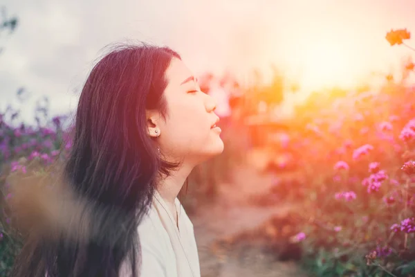 Mooie Aziatische Meisje Zachte Ademhaling Bloem Veld Zonsondergang Schoonheid Moment — Stockfoto