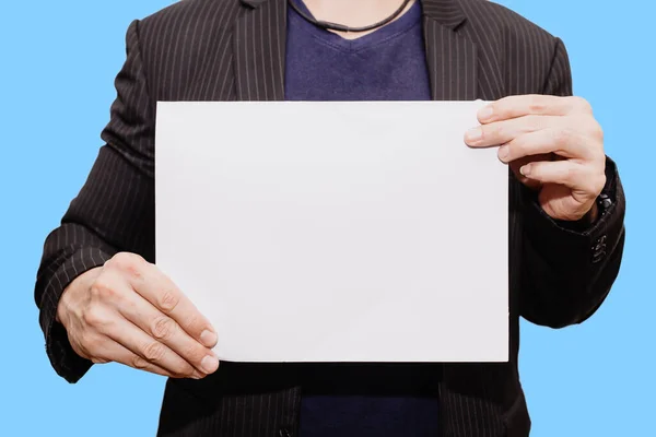Closeup Business Man Hand Holding Show Blank Paper Sheet Mock — Stock Photo, Image