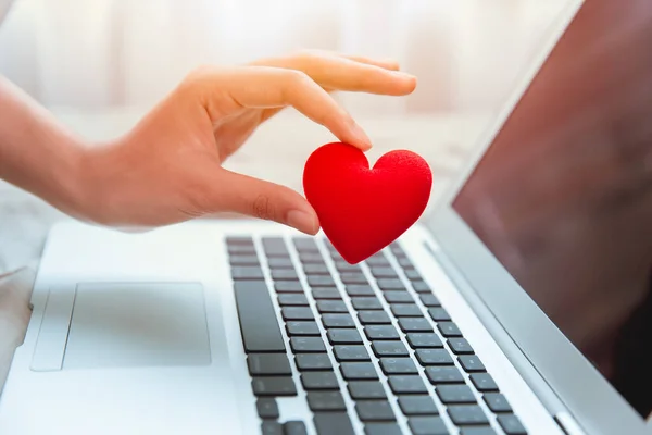 Girl Hand Take Red Heart Laptop Keyboard Social Online Love — Stock Photo, Image