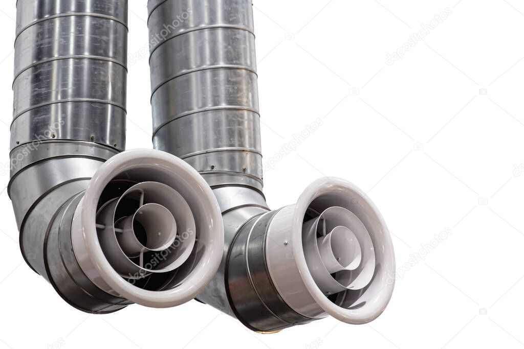 Modern futuristic large twin air pipe or air duct for air conditioner or air ventilation system indoor isolated on white background
