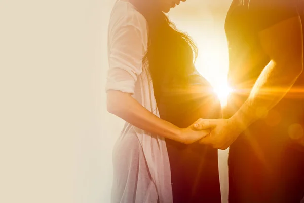 Praenant Karı Koca Aşığı Ele Tutuşuyorlar Güneş Işığı Her Zaman — Stok fotoğraf