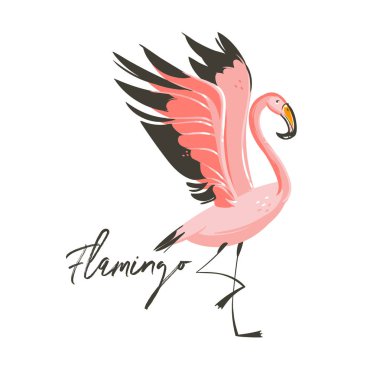 Elle çizilmiş vektör karikatür yaz saati grafik dekorasyon illüstrasyonlar sanat ile egzotik tropik yağmur ormanı Flamingo kuşu beyaz arka plan üzerinde izole