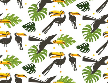 Elle çizilmiş vektör karikatür yaz saati grafik çizimler sanatsal seamless modeli toucan kuşlar ve beyaz arka plan üzerinde izole egzotik tropik palmiye yaprakları ile