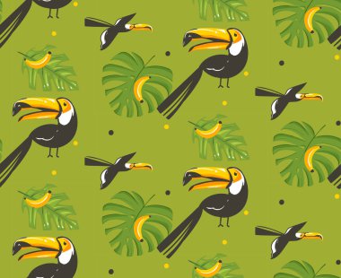 Elle çizilmiş vektör karikatür yaz saati grafik çizimler sanatsal seamless modeli toucan kuşlar ve üzerinde yeşil arka plan izole egzotik tropik palmiye yaprakları ile