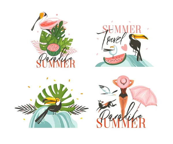 Çizilmiş vektör grafik karikatür yaz düz illüstrasyonlar kız, Tukan ve tropikal kuşlar, karpuz, palmiye yaprakları ve beyaz arka plan üzerinde izole tipografi ile küme koleksiyon oturum açtığınızda el