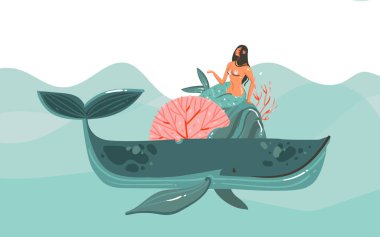 Elle çizilmiş vektör karikatür yaz saati grafik çizimler sanat şablon arka plan mavi okyanus dalgaları, büyük balina, mercan ve beyaz arka plan üzerinde izole güzellik mermaid kız