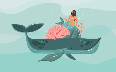 Elle çizilmiş vektör karikatür yaz saati grafik deniz çizimler sanat şablon arka plan mavi okyanus dalgaları, büyük balina, mercan ve üzerinde mavi arka plan izole güzellik mermaid kız