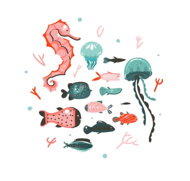 Mercan resifleri, denizanası, deniz atı ve farklı balıklar beyaz arka plan üzerinde izole ayarla çizilmiş vektör karikatür grafik yaz saati sualtı illüstrasyonlar sanat koleksiyonuna el.