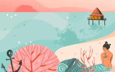 Okyanus plaj manzara, pembe günbatımı ve güzellik kız deniz kızı ile kopya alanı yer tasarımınız için ile çizilmiş vektör karikatür yaz saati grafik çizimler sanat şablon arka plan el