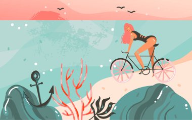 Elle çizilmiş vektör karikatür yaz saati grafik çizimler şablon bir arka plan ile okyanus plaj manzara, gün batımı, güzellik kız metniniz için bisiklet ve kopya alanı yeri