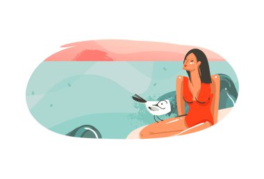 Elle çizilmiş vektör karikatür yaz saati grafik hawaii illüstrasyonlar şablon arka plan rozet tasarım olan okyanus plaj manzara, gün batımı ve güzellik kızla kopya alanı yer tasarımınız için