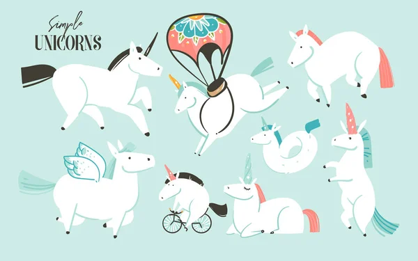 Handgezeichnet Vektor abstrakte Grafik kreative Cartoon-Illustrationen Kunstsammlung Set mit weißen Einhörnern, Pony und Pegasus isoliert auf blauem Hintergrund — Stockvektor