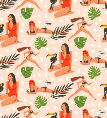 Elle çizilmiş vektör grafik karikatür yaz saati düz illüstrasyonlar seamless modeli güzellik spor kızlarla, rahatlatıcı, çalışan ve güneşlenme üzerinde pastel arka plan izole