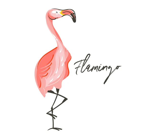 白い背景に分離されたエキゾチックなトロピカル ピンク フラミンゴ鳥と手描きベクトル抽象的な漫画夏グラフィック装飾のイラスト アート — ストックベクタ