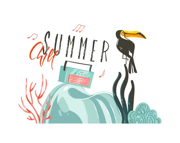 描画ベクトル抽象的な漫画夏イラスト アート テンプレート党記号背景のビーチのシーンとモダン ・ タイポグラフィ夏冷えにオオハシ鳥と白い背景の分離を手します。 — ストックベクタ