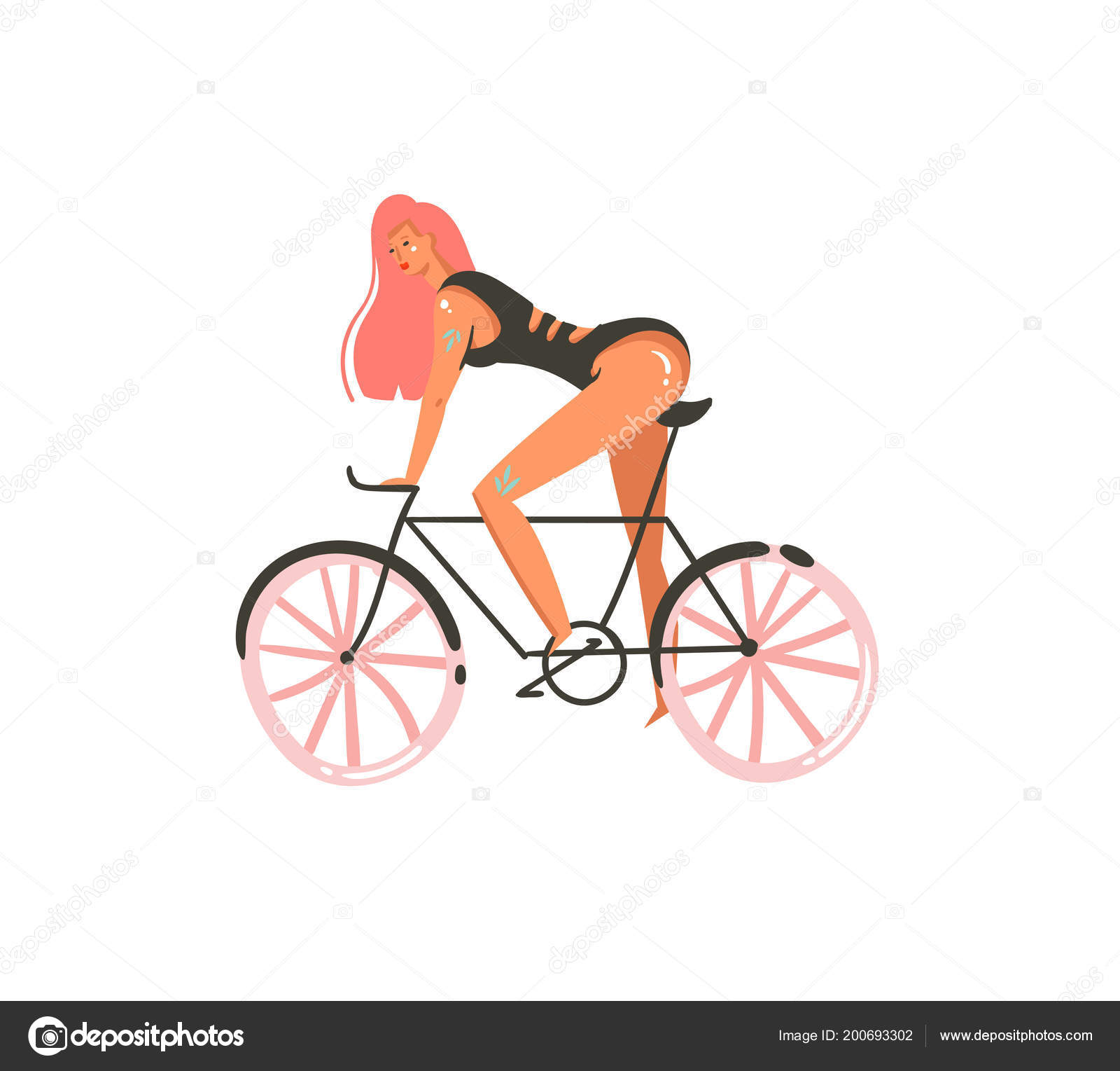 Håndtegnede vektorabstrakte grafiske karikaturer, flate  sommertidsillustrasjoner med jentetur på sykkel isolert på hvit bakgrunn  stockvektor © helter-skelter.nastya.yandex.ru #200693302, image size:1600x1529