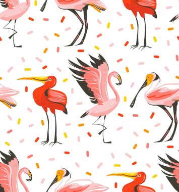 Elle çizilmiş vektör karikatür yaz saati grafik çizimler sanatsal Dikişsiz desen egzotik tropik ile flamingo, Kızıl aynak pembe beyaz arka plan üzerinde izole kaşıkçı kuşları