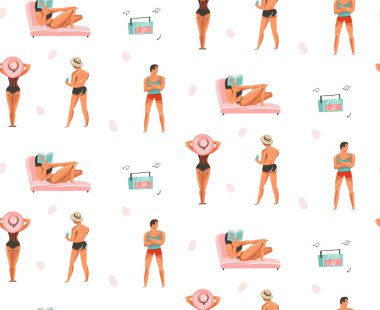 El çizilmiş vektör grafik karikatür yaz saati koleksiyonu düz illüstrasyonlar Dikişsiz desen beyaz arka plan üzerinde izole kayıt müzik çalar ile sahilde kız ve erkek karakterlerle