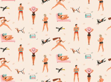 El çizilmiş vektör grafik karikatür yaz saati koleksiyonu düz illüstrasyonlar seamless modeli köpekler ve deniz beyaz arka plan üzerinde izole martı ile sahilde kız ve erkek karakterlerle