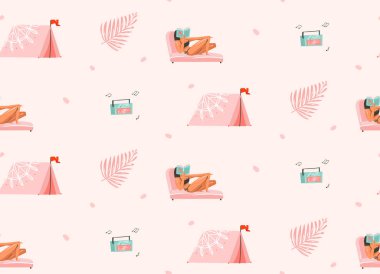 Karakter beyaz arka plan ile kamp çadır ve pikap izole sahilde dinlenin kız ile çizilmiş vektör grafik karikatür yaz saati düz illüstrasyonlar seamless modeli el