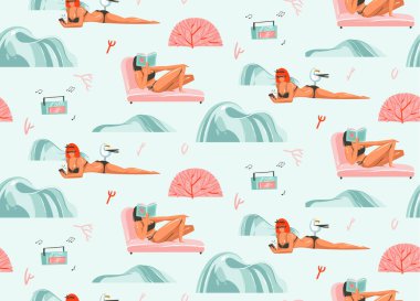 Karakter kumsalda pikap beyaz arka plan üzerinde izole rahatlayın kızlar ile çizilmiş vektör grafik karikatür yaz saati düz illüstrasyonlar seamless modeli el