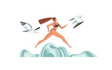 Vektör grafik karikatür yaz düz illüstrasyonlar ile çalışan kız ve deniz martı kuşları beyaz arka plan üzerinde izole plaj sahnesinde yazdırışınızda el çekilmiş